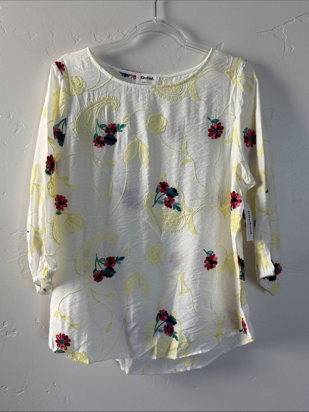 Kindred x Anthropologie Boho White Long-Sleeve Floral Embroidered Blouse Large